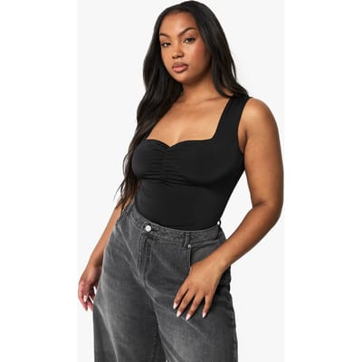 boohoo Dames PLUS DUBBELE LAAG GERUFELDE VOORZijDE BODYSUIT | Zwart | Maat: 44