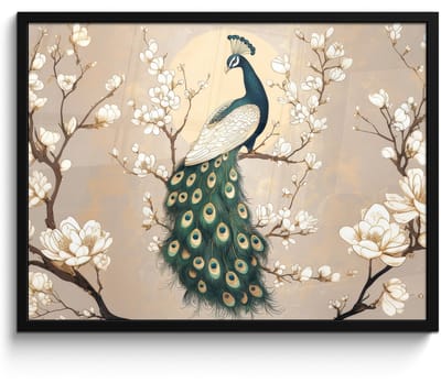 Poster in lijst - Fotolijst 70x50 cm - Posters - Pauw - Tak - Bloemen - Posterlijst zwart - Decoratie - Wanddecoratie woonkamer - Muurdecoratie slaapkamer