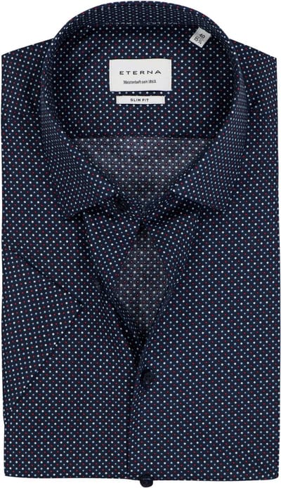 ETERNA slim fit overhemd korte mouw - popeline - donkerblauw met wit - rood en lichtblauw dessin - Strijkvrij - Boordmaat: 38 (EU maat: S)