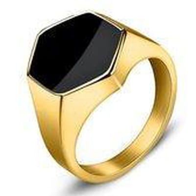 Zegelring Heren Goud Kleurig met Zwarte Steen - Zeshoekig - Staal - Ring Ringen - Papa Cadeau Voor Mannen - Vaderdag