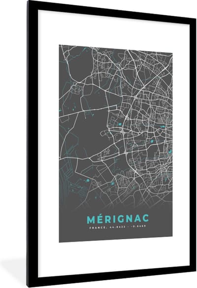 Fotolijst incl. Poster - Mérignac – Plattegrond – Frankrijk – Kaart – Stadskaart - 80x120 cm - Posterlijst