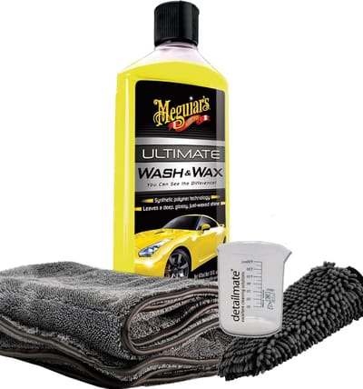 Meguairs Wash & Wax shampoo set bestaande uit; Wash & Wax 473 ml, Droogdoek 50 x 80 cm 1000 gsm, maatbeker en WashMitt