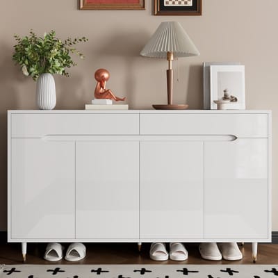 MODFU - Schoenenkast - Verstelbare Planken En 2 Laden - Minimalistisch - Voor Hal - Spaanplaat - Wit En Goud - 140 x 39 x 84 cm