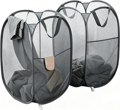 SnelShoppen - Pack van 2 Vouwbare Wasmanden 75L - Mesh Wasmanden Groot met Handvat en Zijvak - Ademend en Draagbaar - Donkergrijs voor Thuis, Camping