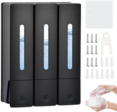 Dailygoods - Zeepdispenser, wandbevestiging, 400 ml, douchegeldispenser voor douche zonder boren, shampoo en conditioner-dispenser, wasmiddeldispenser, wandmontage, voor hotel, thuis, badkamer, hotel, zwart (3