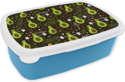 Broodtrommel Blauw - Lunchbox - Brooddoos - Avocado - Fitness - Patronen - 18x12x6 cm - Kinderen - Jongen