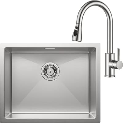 Auralum Max Spoelbak voor keuken 55x44cm - Spoelbak Keuken Met Keukenkraan Met Uittrekbare Uitloop - Spoelbakken met sifon en overloopset - Enkele spoelbakken RVS