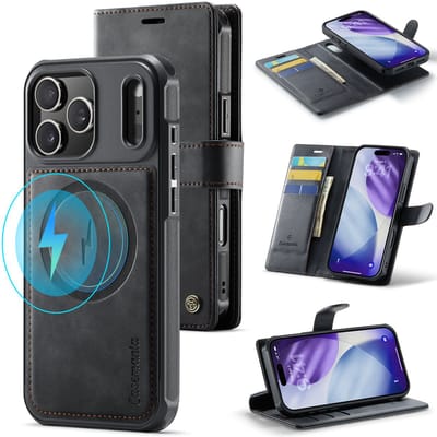 Casemania Hoesje Geschikt voor Apple iPhone 17 Pro - Charcoal Gray - Geschikt voor MagSafe - Luxe Kunstleer 2 in 1 Afneembare Bookcase - Magnetische Telefoonhoesje met Pasjeshouder en Standaardfunctie
