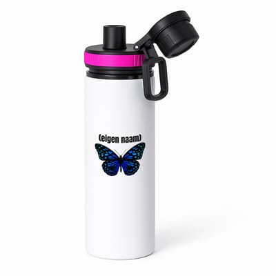 Hacebo® - blauwe vlinder met eigen naam waterfles met draaidop roze - Vlinder - dieren liefhebber - iemand die houdt van vlinders - verjaardag - cadeau - kado - geschenk - water fles - 850ML