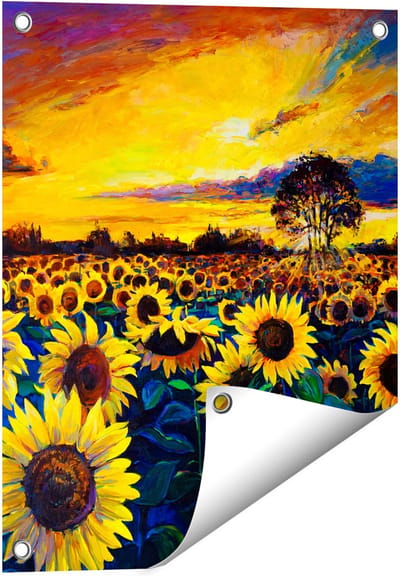 Gards Tuinposter Getekende Zonnebloemen Veld met Olieverf - 40x50 cm - Tuindoek - Tuindecoratie - Wanddecoratie buiten - Tuinschilderij