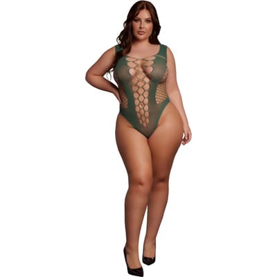Le Désir by Shots Sexy V-hals Teddy met Opaque Panelen - Koninginmaat - Groen