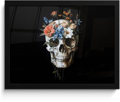 Poster in lijst - Fotolijst 40x30 cm - Posters - Bloemen - Schedel - Kleurrijk - Posterlijst zwart - Decoratie - Wanddecoratie woonkamer - Muurdecoratie slaapkamer