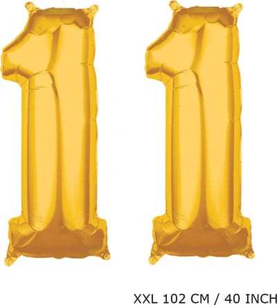 Mega grote XXL gouden folie ballon cijfer 11 jaar.  leeftijd verjaardag 11 jaar. 102 cm 40 inch. Met rietje om ballonnen mee op te blazen.