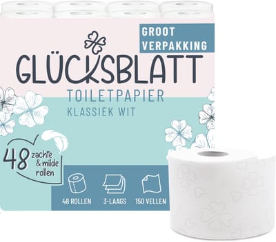 Toiletpapier klassiek wit, 3-laags, 48 rollen van 150 vellen, 100% cellulose, zacht wc papier met reliëf, ideaal voor camping, verpakking met minimaal 30% gerecycled plastic