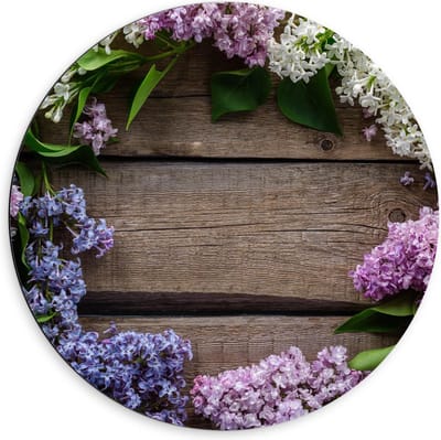 Dibond Wandcirkel - Bloemen langs de Randen op Houten Tafel  - 60x60cm Foto op Aluminium Wandcirkel (met ophangsysteem)