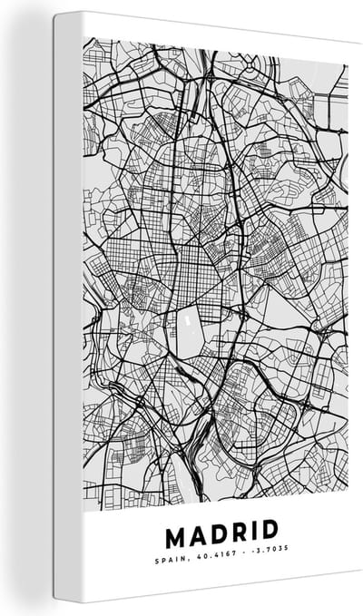 Canvas Schilderij Madrid - Zwart Wit - Stadskaart - Plattegrond - Kaart - 20x30 cm - Wanddecoratie