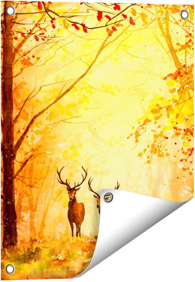Gards Tuinposter Getekende Herten in het Bos - Herfst - 40x50 cm - Tuindoek - Tuindecoratie - Wanddecoratie buiten - Tuinschilderij