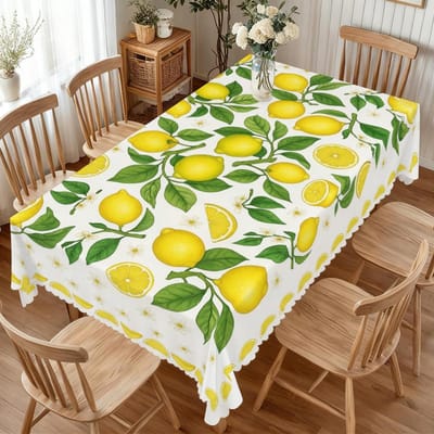 Rechthoekige Tafelkleed met Citroenthema voor Tafeldecoratie Wasbaar Zomer Citroen Groene Bladeren Keuken Eettafelkleed Feestdecoratie 140x140cm