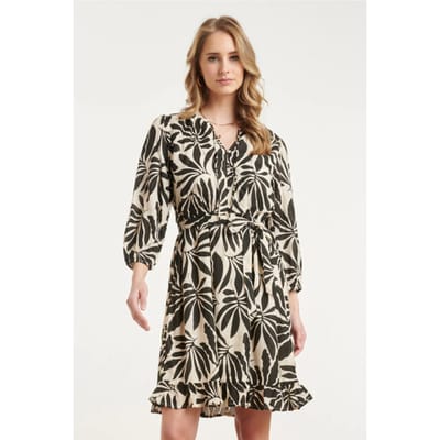 Smashed Lemon Zwart-beige bladerenprint jurk met ceintuur |