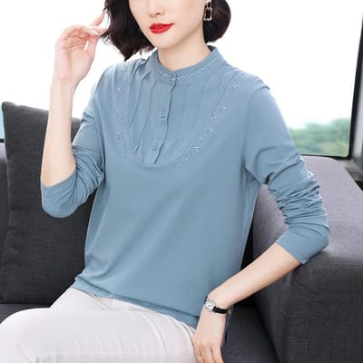 T-shirt met lange mouwen van puur katoen voor dames, losse casual shirts voor tantes, moeders van middelbare en oudere leeftijd, tops voor de lente en herfst, basisshirts 2XL gray