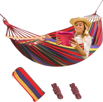 Comfortabele Katoenen Hangmat 190 x 150 cm voor Kamperen en Tuin, Draagbaar en Ademend met Opbergtas, Tot 150 kg Belastbaar