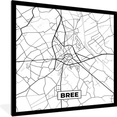 Fotolijst incl. Poster Zwart Wit- Zwart Wit – België – Plattegrond – Stadskaart – Kaart – Bree - 40x40 cm - Posterlijst