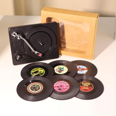 Set van 6 Retro Grammofoon Platen met Antislip Ondergrond, Ideaal voor Koffie, Dranken en Feesten, Geschikt voor Huizen, Cafés en Kantoor (Stijl 3, 10.5 cm)