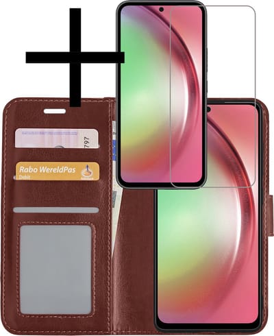 Hoesje - Met Screenprotector - Geschikt voor Samsung Galaxy A54 - Luxe Pasjeshouder - Bookcase Portemonee - Flip Case - Kunstleer Book Case - Flipcase - Book Cover - Walletcase - Portemonneehoes - Bruin