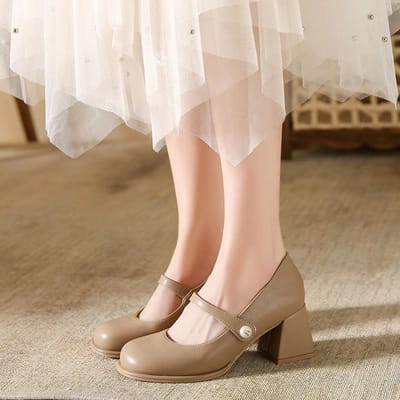 Echt Leer Mary Jane Schoenen Dames Lente en Zomer Nieuw Frans Blokhak Hoge Hakken Feeënstijl met Rok Pumps 41 beige