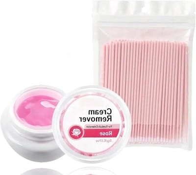 Wimperlijm verwijderaar met oplosmiddel en crèmeverwijderaar voor wimperextensions met 100 wattenstaafjes, snel werkend en lage irritatie, roze, 5 g.