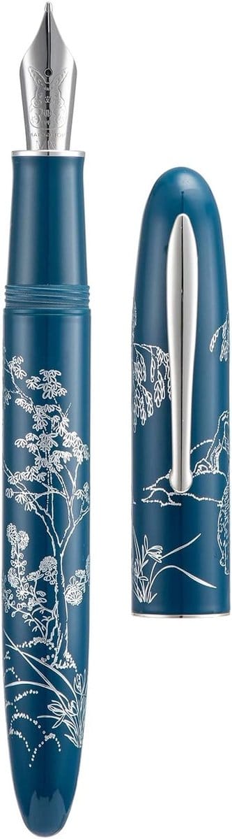 Blauwe Vulpotlood met Lang Medium Nib, Zilver Accent, Gelukkige Konijn Gravure, Soepel Schrijven, Inclusief Converter en Metalen Pennendoos Set