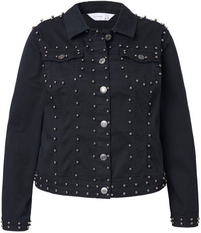 MIAMODA - Dames - Denim jas BlackBlack denim sierkralen siersteentjes - Zwart - Maat 48