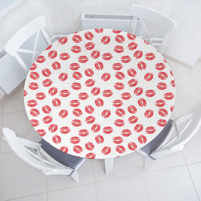ABAKUHAUS Vrouwelijk Elastisch Rond Tafelkleed, Rode Lippenstiften Kusmarkeringen, Allround Elastisch Stoffen Tafelkleed, 90 cm - 100 cm, Witrood