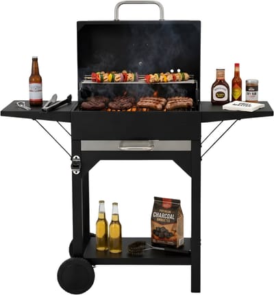 Lomera Houtskool BBQ - BBQ op Wielen - Houtskool BBQ op Wielen - Houtskool BBQ met Deksel - Zwarte Houtskool BBQ