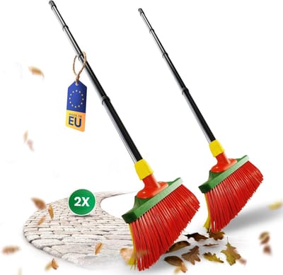 Novaliv 2X klauwbezem met steel 30cm, speciale bezem met gebogen borstelharen, rood en geel - ideaal als tuinbezem, schraapbezem, kunstgrasbezem, ideaal voor op de camping, straatbezem