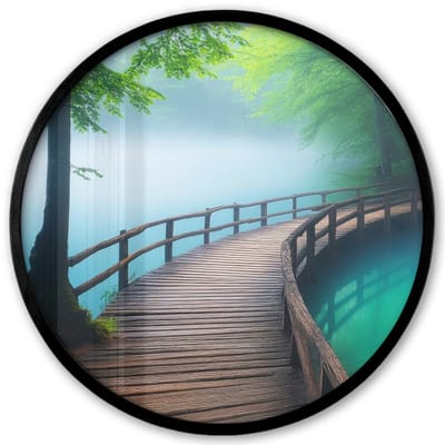 Poster in lijst Rond - Fotolijst 40x40 cm - Posters - Brug - Water - Rivier - Bos - Ronde posterlijst zwart - Decoratie - Wanddecoratie woonkamer - Muurdecoratie slaapkamer