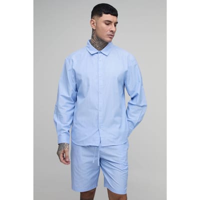 Tall Gestreepte Poplin Oversized Shirt Met Gebogen Zoom & Baggy Short Set | Blue | Size Small