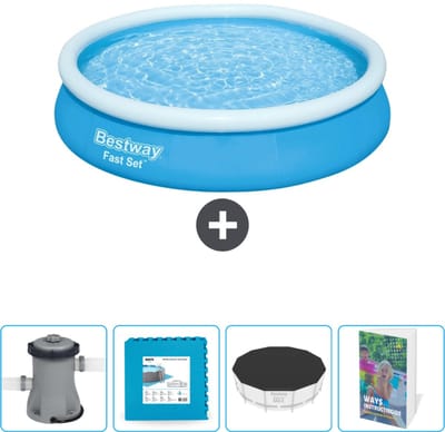 Bestway Rond Opblaasbaar Fast Set Zwembad - 366 x 76 cm - Blauw - Inclusief Pomp Vloertegels - Afdekzeil - Zwembadgids
