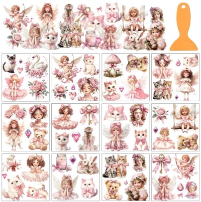 Dailygoods- Transferstickers 12 Vellen - Schattig Roze Thema - Kat/Zwaan/Rozen - Raamdecoratie - Meubelstickers - Doe-het-zelf Decoratie - Muursticker
