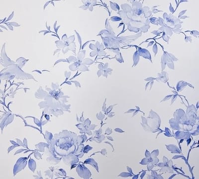 BLAUW WIT BLOEMEN VOGEL BEHANG