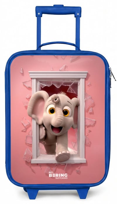 NoBoringSuitcases.com® - Kinderkoffer blauw - Kindertrolley jongen - Olifant breekt door roze raam met glas - Koffer kind lichtgewicht - Reiskoffer trolley voor kinderen - Koffertje met lichtgevende wieltjes - Rolkoffer