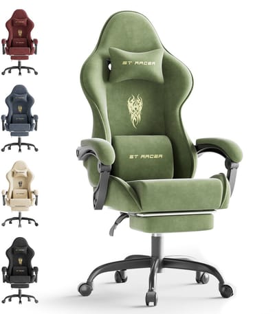 Soontrans Ergonomische Gamingstoel, Gamingstoel, Ademende Bureaustoel Gemaakt van Hoogwaardige Stof, Computerstoel Met Verstelbare Hoofdsteun en Lendenkussen, Armleuningen, Voetsteun, Race-PC-Stoel, Groen