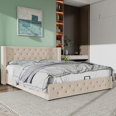 Orenvormig Gestoffeerd bed met veel opbergruimte - Tweepersoonsbed 180x200 cm met hydraulische functie - Beige