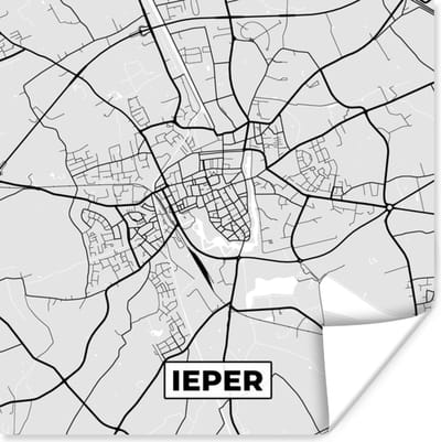 Poster Zwart Wit – België – Plattegrond – Stadskaart – Kaart – Ieper - 100x100 cm XXL