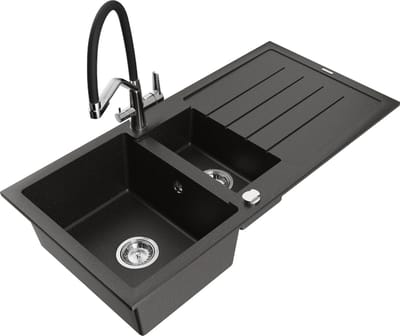 Mexen Andres granieten spoelbak 1,5-komoren met afdruiprek en keukenkraan Duo, zwart/goud metallic - 6515-75-671701-07