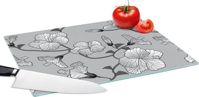 Glazen Snijplank - 39x28 - Hibiscus - Grijs - Tropisch - Patroon - Snijplanken Glas