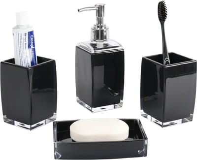 Cheffinger Badkameraccessoireset - 4-delig - Zwart - Zeepdispenser - Tandenborstelbeker - Zeepbakje - Beker