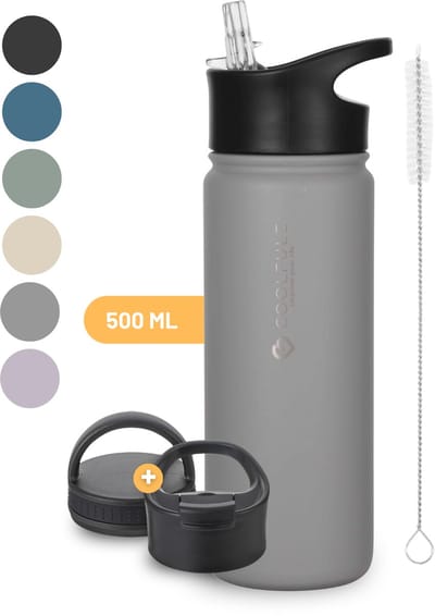 CoolFule Drinkfles - Steengrijs - Waterfles met Rietje - RVS Drinkfles - 500 ml - BPA-vrij - Dubbelwandig
