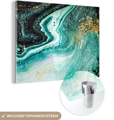 MuchoWow® Glasschilderij 80x60 cm - Schilderij acrylglas - Marmerlook - Blauw - Goud - Glitter - Luxe - Marmer - Foto op glas - Schilderijen