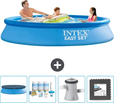 Intex Rond Opblaasbaar Easy Set Zwembad - 305 x 61 cm - Blauw - Inclusief Afdekzeil - Onderhoudspakket - Zwembadfilterpomp - Vloertegels